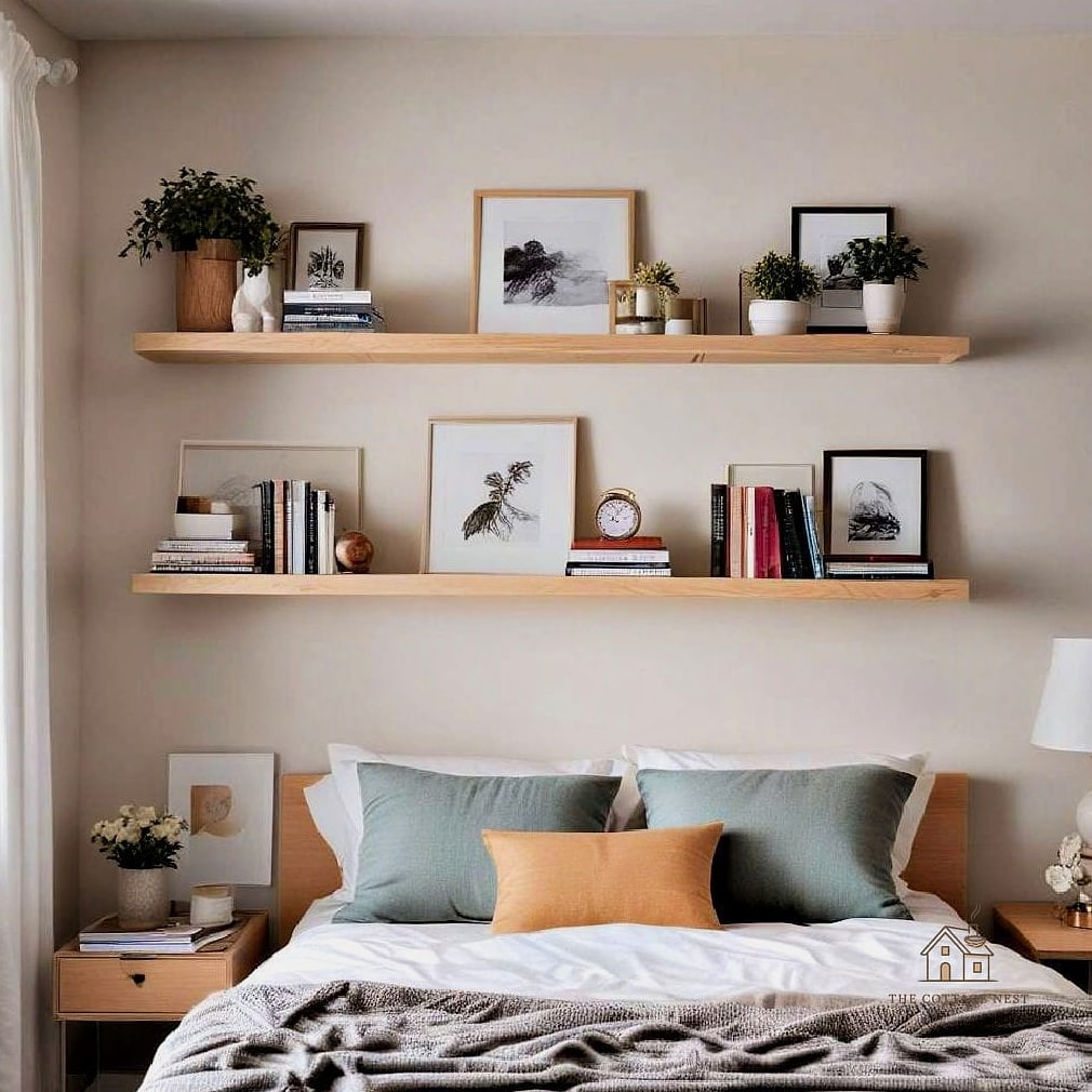 24 Clever Small Bedroom Storage Ideas for Every Style 4 Floating Shelves Above the Headboard