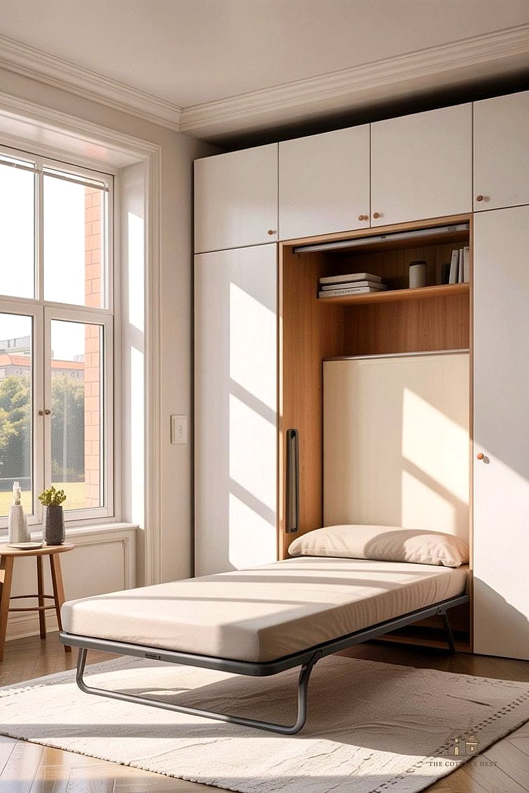 24 Clever Small Bedroom Storage Ideas for Every Style 22 A Fold-Down Desk or Shelf
