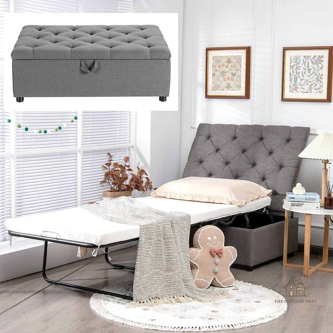 25 Creative Small Guest Bedroom Ideas That Will Inspire You 18 A Fold-Out Ottoman for Extra Seating or Sleeping