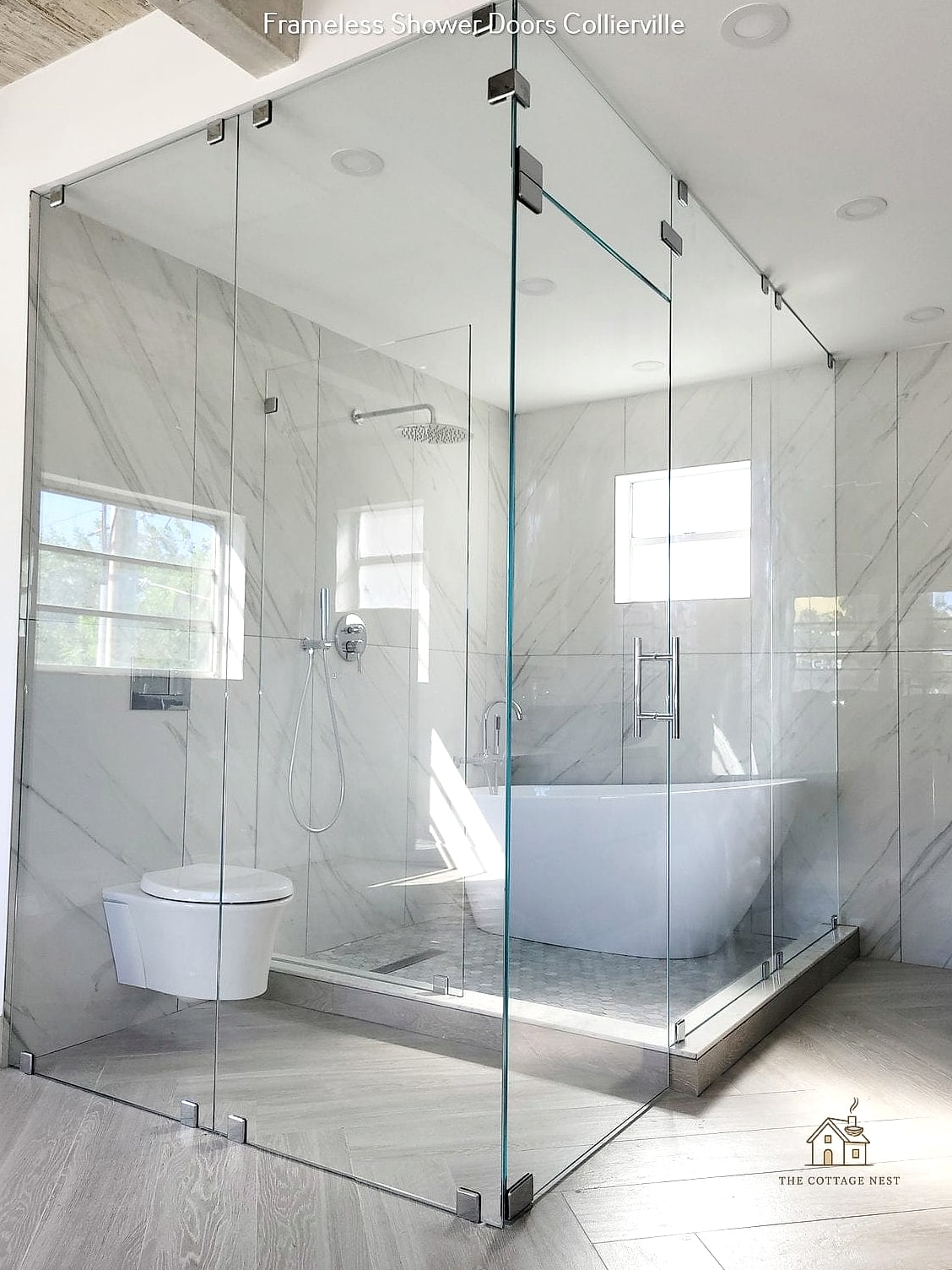 Frameless Glass Divider Between Shower and Tub