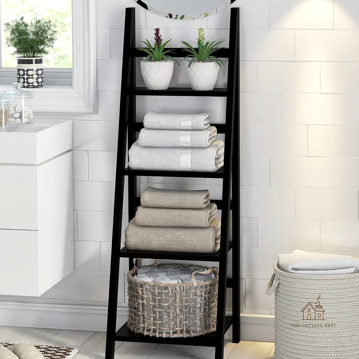 20 Dreamy Shower Storage Ideas to Try This Season 19 Freestanding Ladder Shelf Nearby