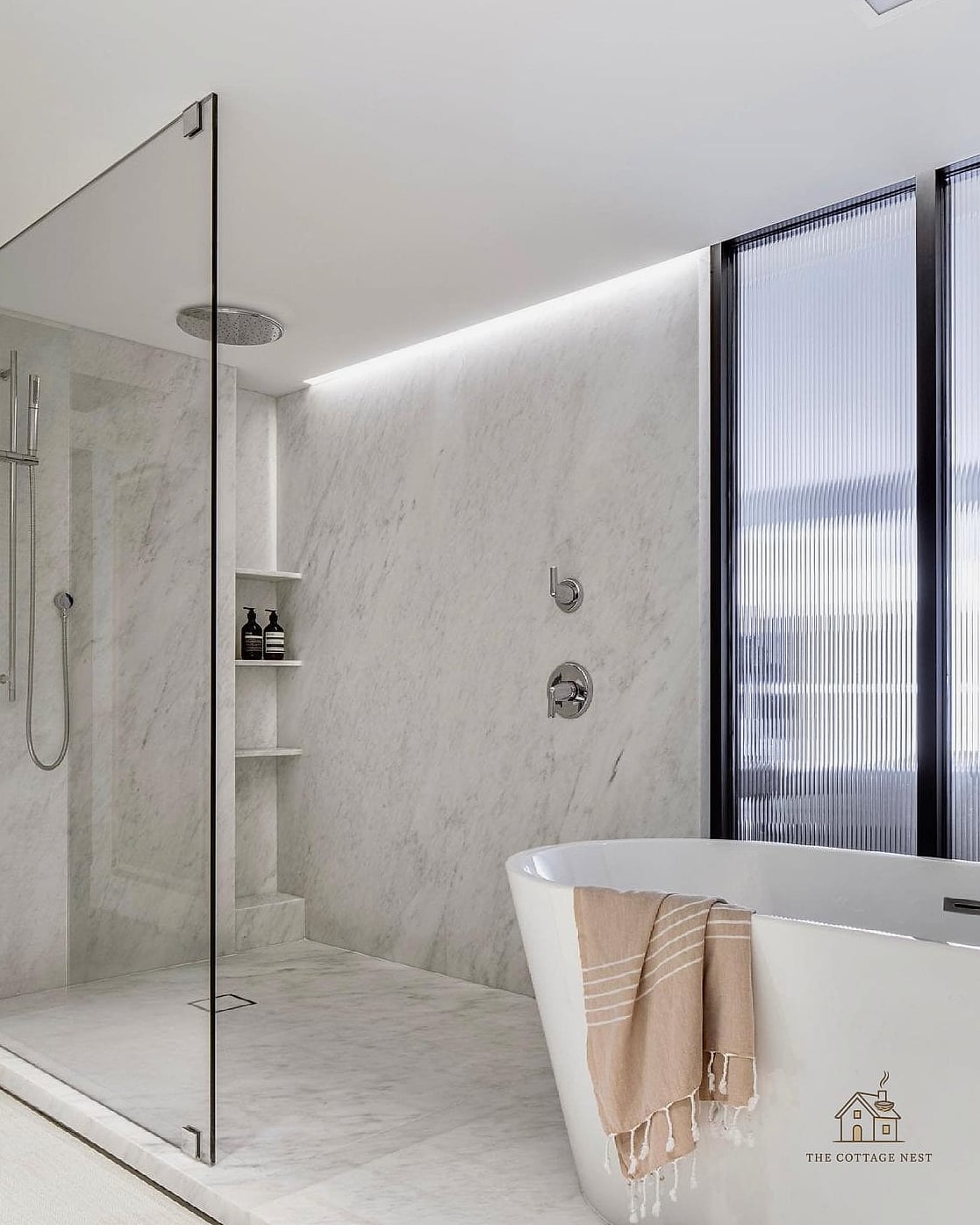 Freestanding Tub with Ceiling-Mounted Shower Arm
