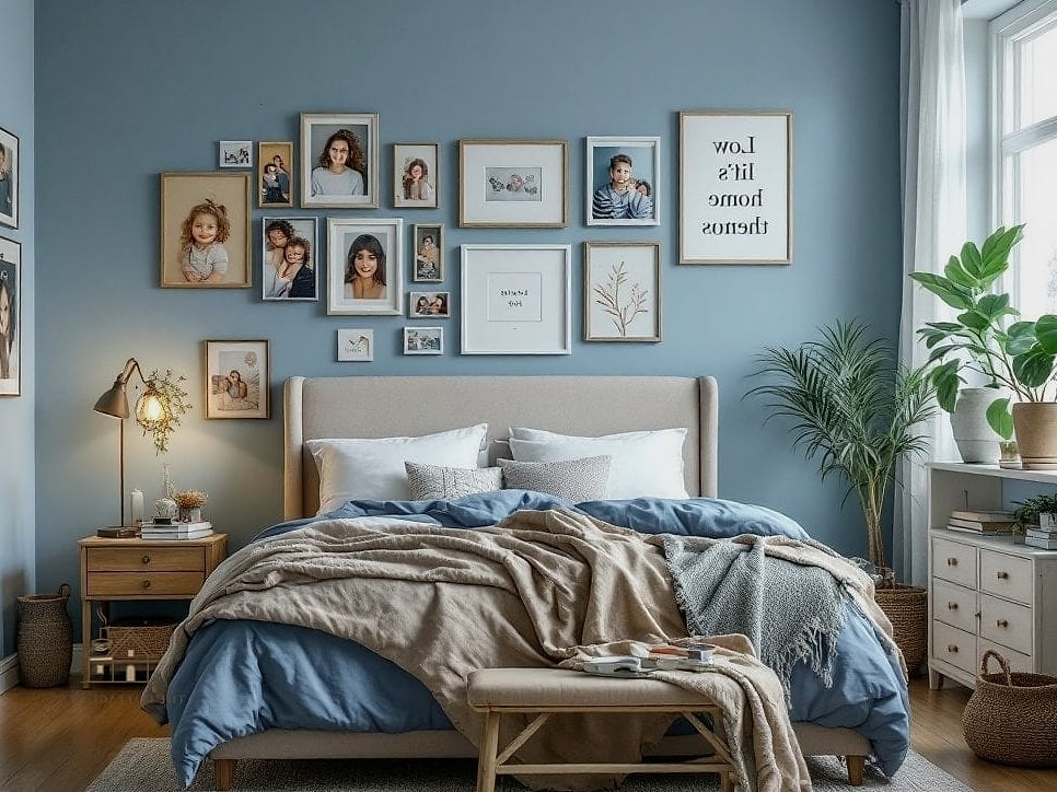 30 Cozy Blue Bedroom Decor Ideas Worth Pinning 8 Gallery Wall in Blue and Gold Frames