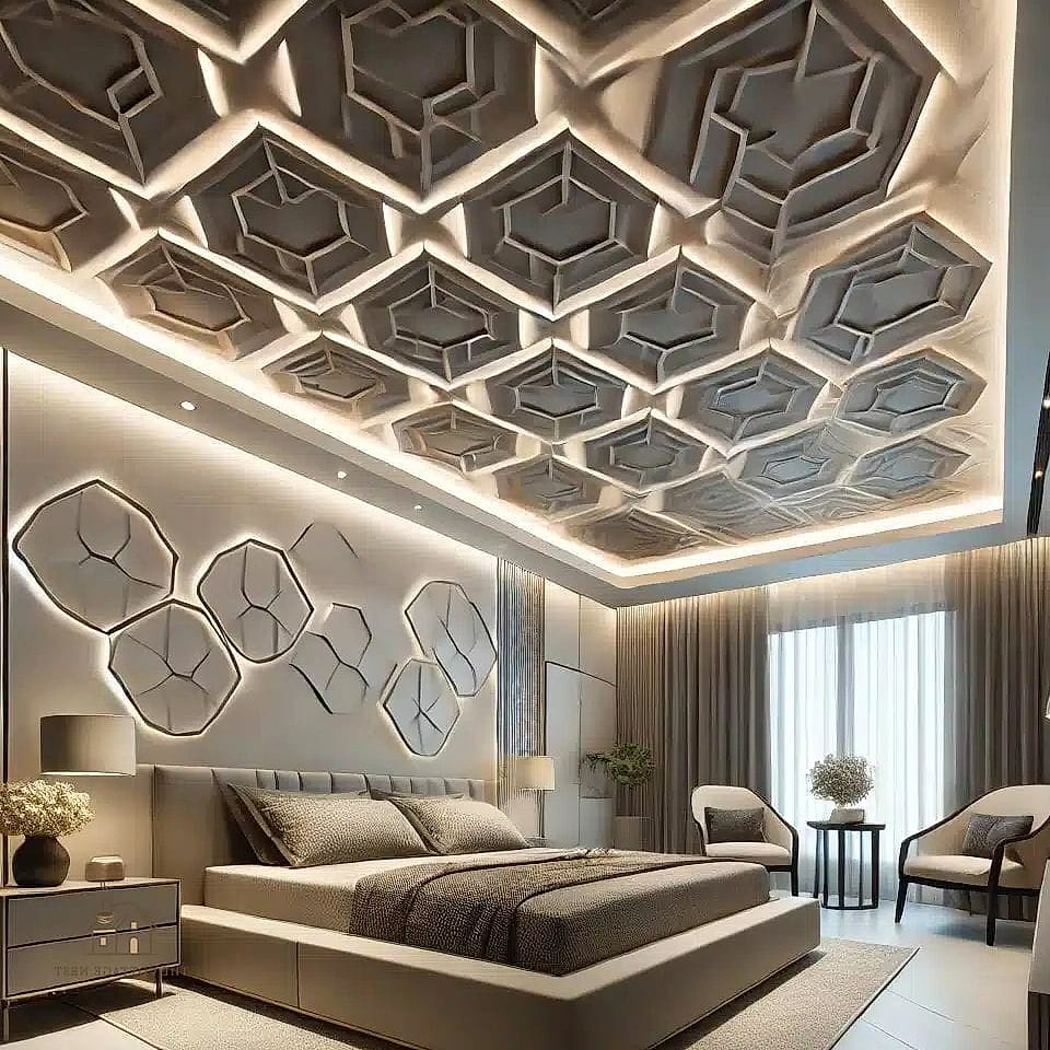 25 Clever Down Ceiling Design Bedrooms Ideas for Every Style 4 Geometric Down Ceiling with Hidden LED