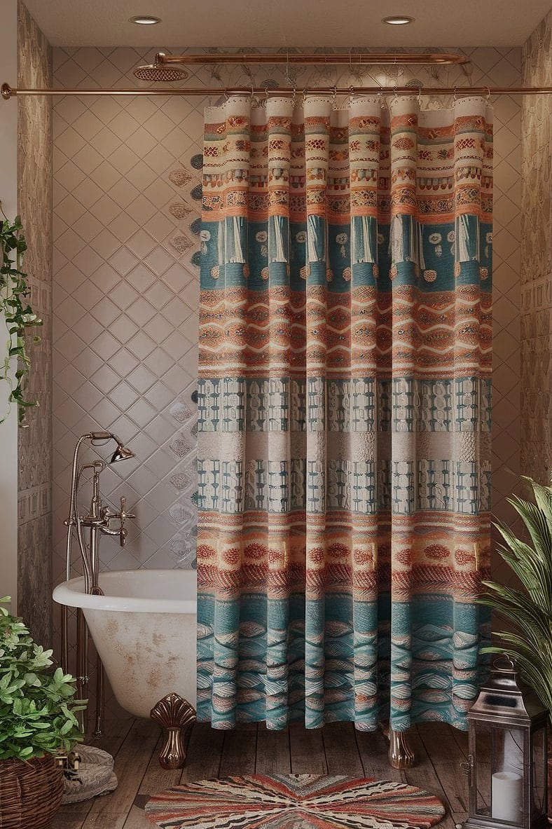 23 Stunning Boho Shower Curtain You'll Absolutely Love 19 Global Stripe and Tassel Combo