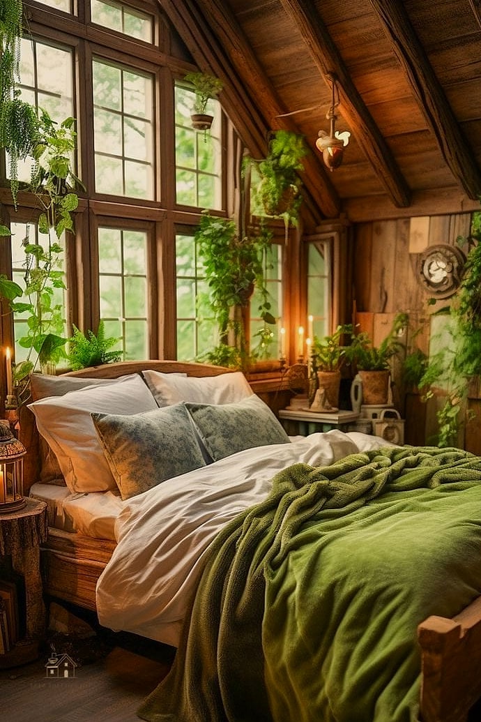 23 Dreamy Green Bedroom Ideas to Try This Season 19 Green Bedroom With Exposed Wood Beams
