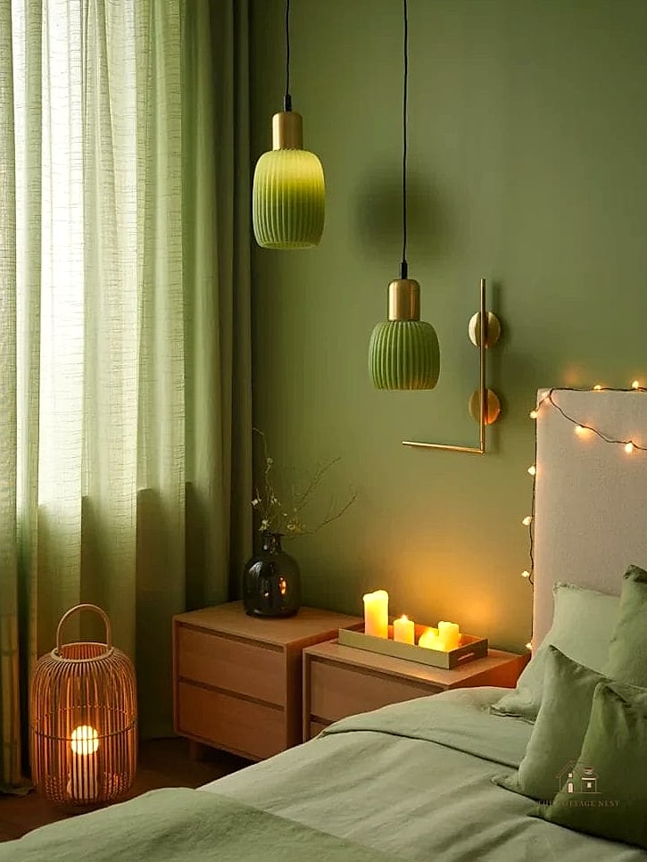 23 Dreamy Green Bedroom Ideas to Try This Season 22 Green Bedroom With Layered Lighting