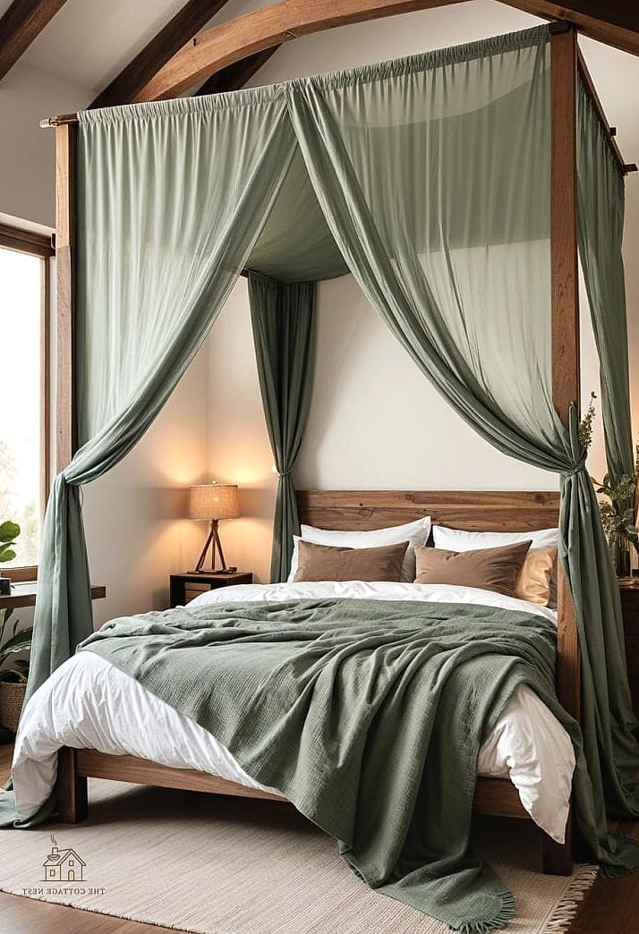 23 Dreamy Green Bedroom Ideas to Try This Season 20 Green Canopy Bed Curtains