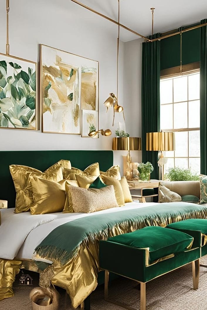 23 Dreamy Green Bedroom Ideas to Try This Season 17 Green and Gold Glam Bedroom