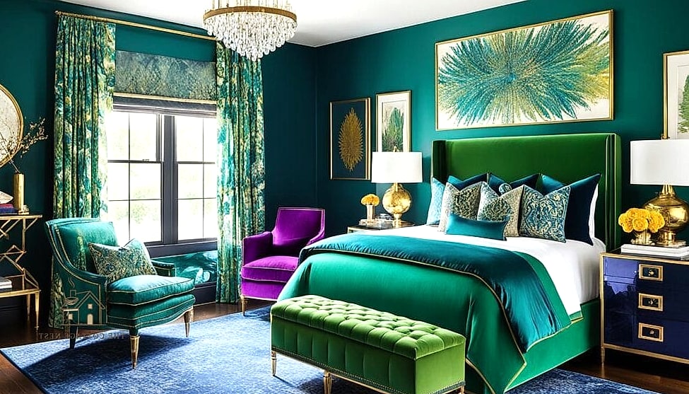 23 Dreamy Green Bedroom Ideas to Try This Season 24 Green Jewel Tone Bedroom With Metallic Accents