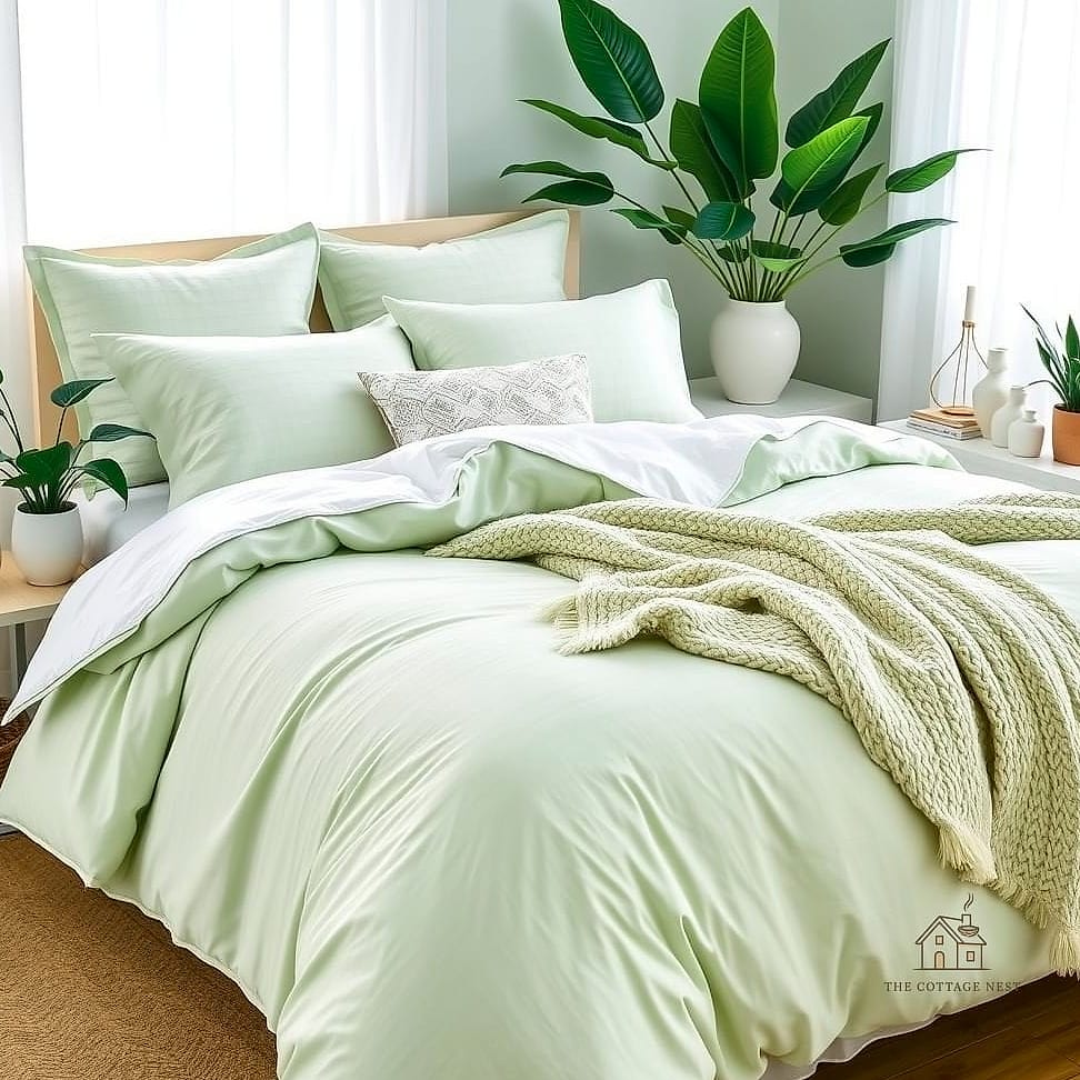 23 Dreamy Green Bedroom Ideas to Try This Season 10 Green Linen Bedding Layered With Neutrals