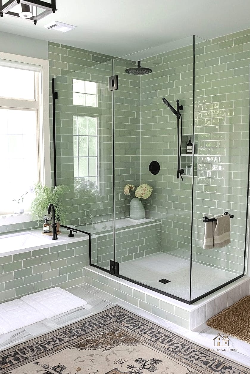30 Dreamy Walk In Shower With Half Wall to Try This Season 26 Green Subway Tile for a Fresh Look