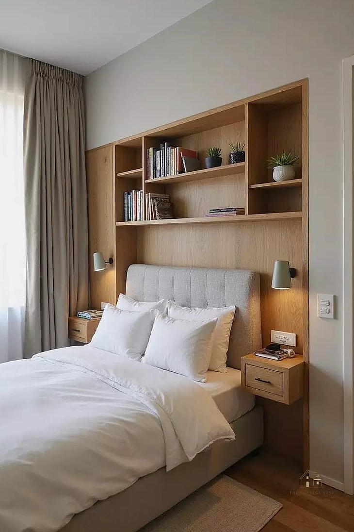 24 Clever Small Bedroom Storage Ideas for Every Style 14 A Headboard With Built-In Shelves