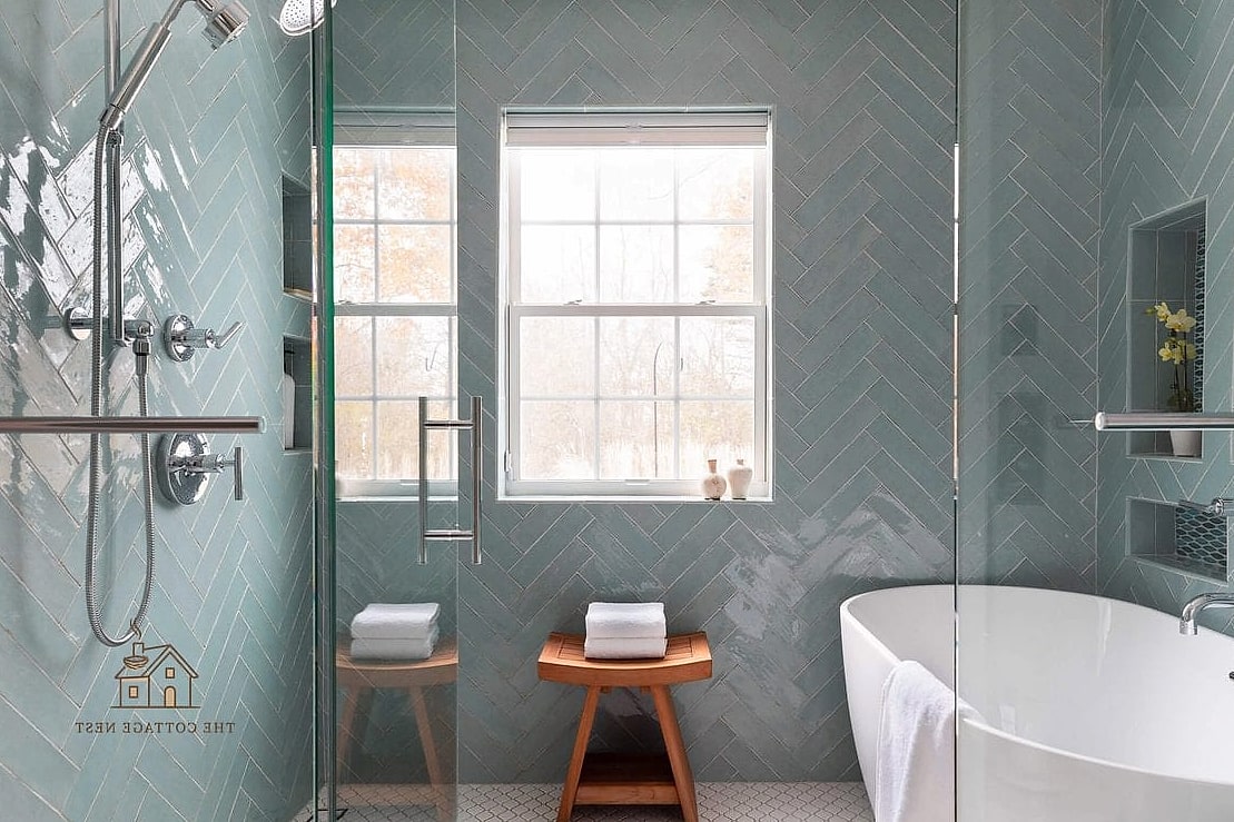 Herringbone Tile Backdrop with Built-In Soaking Tub