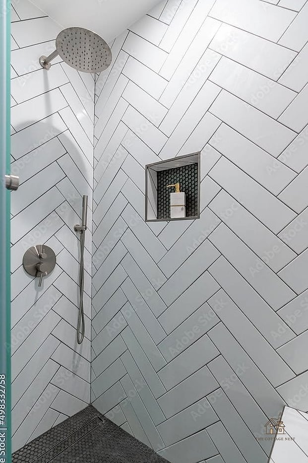 27 Dreamy Shower Niche Ideas to Try This Season 6 Herringbone Tile Niche