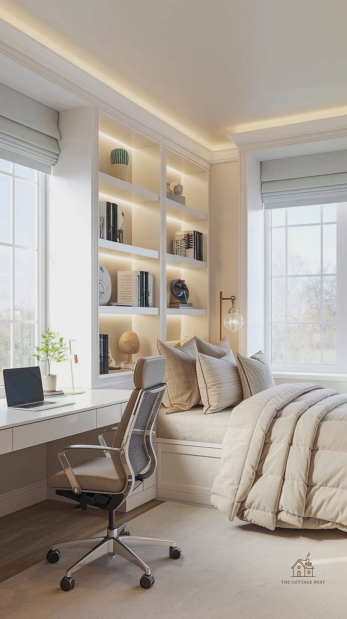 23 Creative Spare Bedroom Ideas That Will Inspire You 3 A Home Office with Built-In Storage