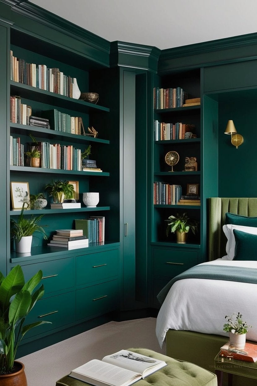 23 Dreamy Green Bedroom Ideas to Try This Season 11 Hunter Green Built-In Shelving