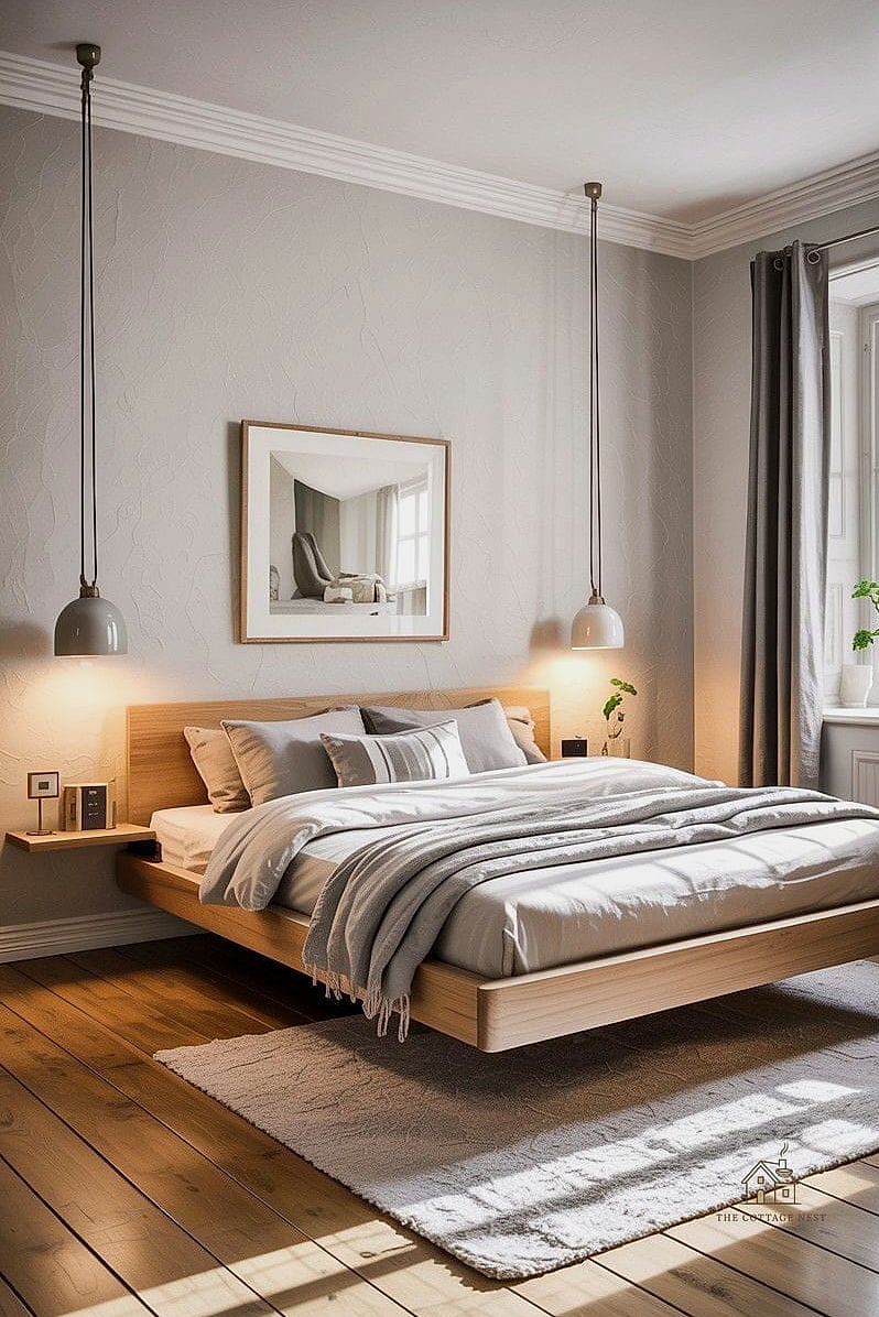 20 Dreamy Scandinavian Bedroom Ideas to Try This Season 9 Install Floating Wood Shelves Above the Bed