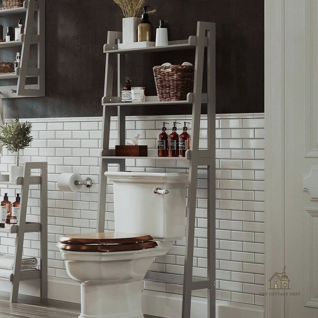 25 Creative Over The Toilet Storage Ideas That Will Inspire You 5 Ladder Shelf Leaned Against the Wall