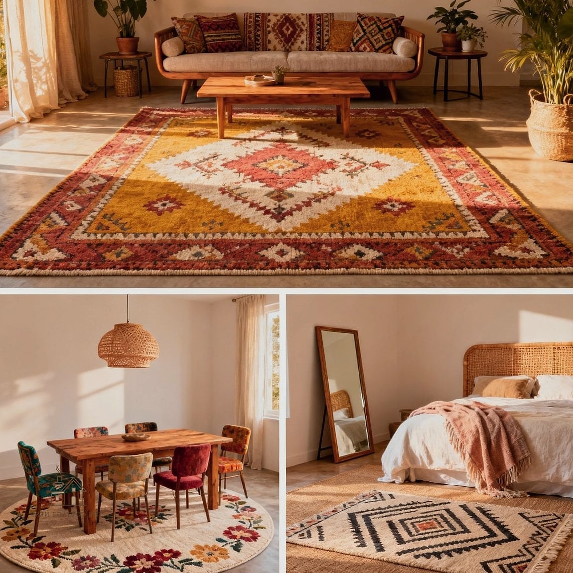 15 Stunning Modern Boho Bedroom Ideas You'll Absolutely Love 5 Layered Area Rugs on Wood or Neutral Flooring