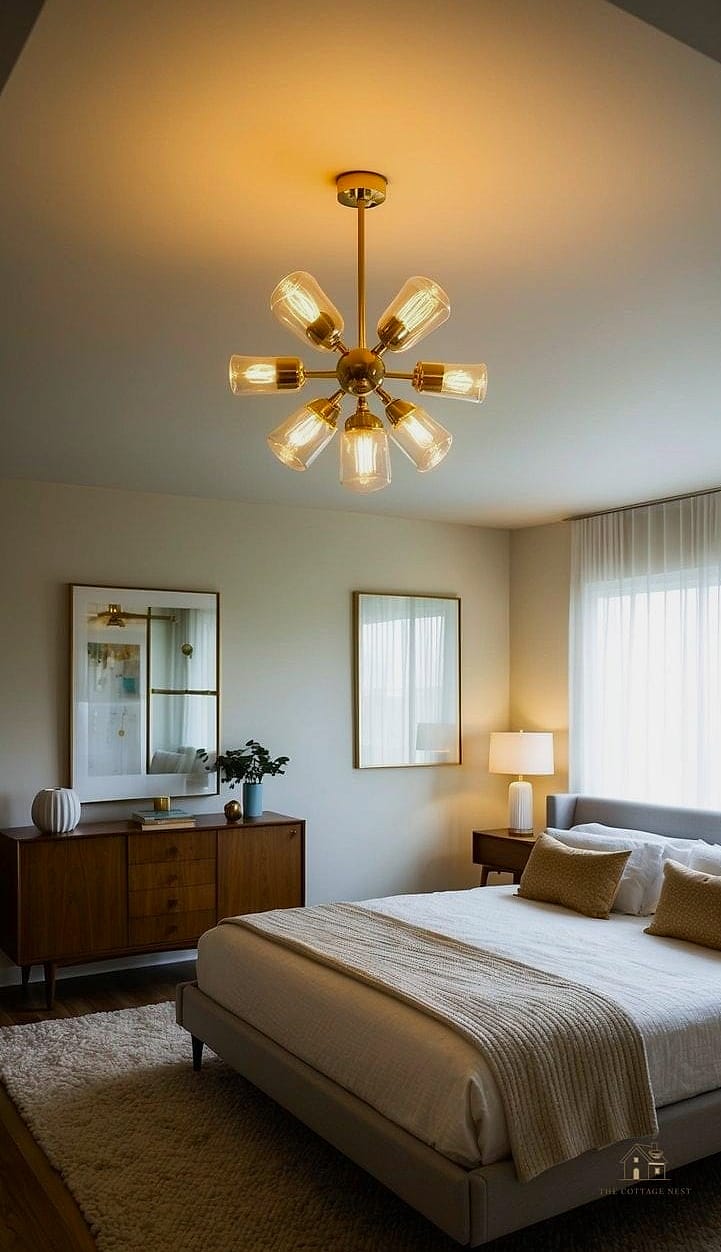 15 Brilliant Mid Century Bedroom Ideas to Copy Right Now 6 Layered Lighting with Sculptural Fixtures