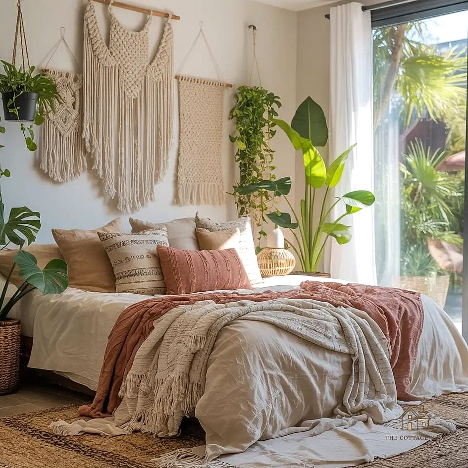 15 Stunning Modern Boho Bedroom Ideas You'll Absolutely Love 2 Layered Neutral Bedding in Warm Tones