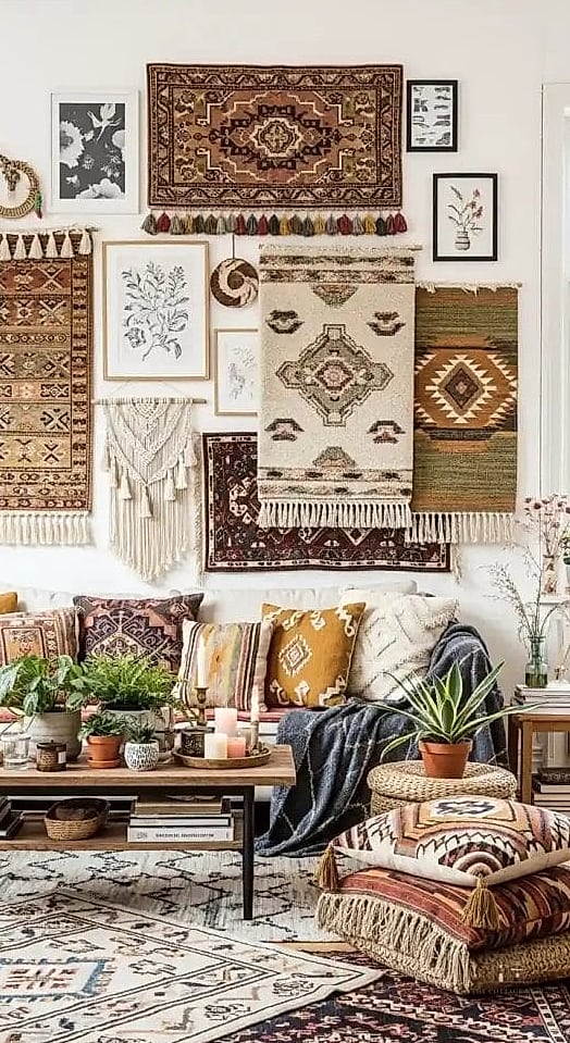 15 Stunning Modern Boho Bedroom Ideas You'll Absolutely Love 11 Layered Textiles on the Walls