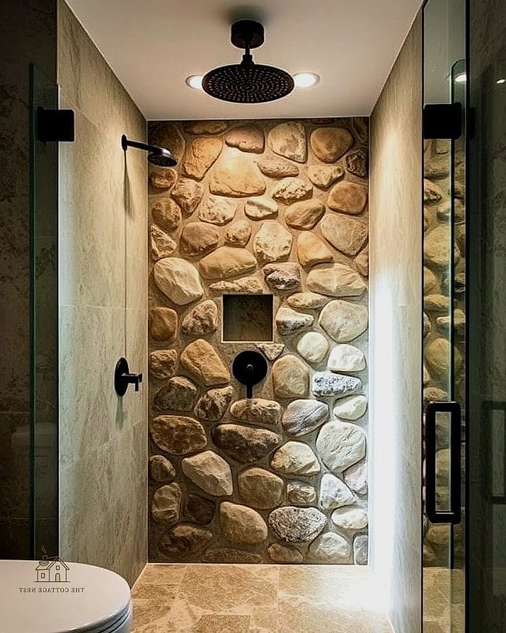 26 Gorgeous Stone Shower Ideas That Are Totally Doable 9 Limestone Walls with Brass Fixtures