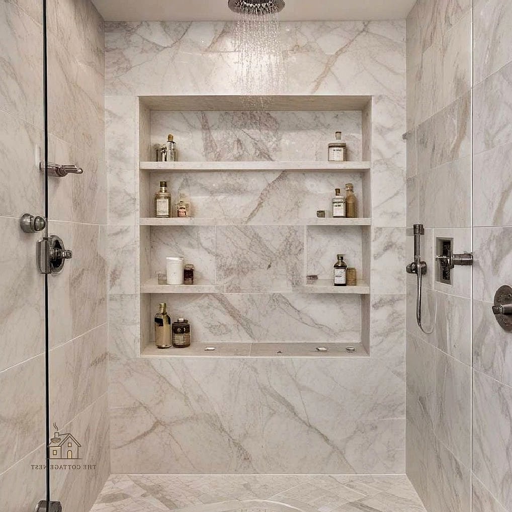 27 Dreamy Shower Niche Ideas to Try This Season 7 Marble-Lined Niche