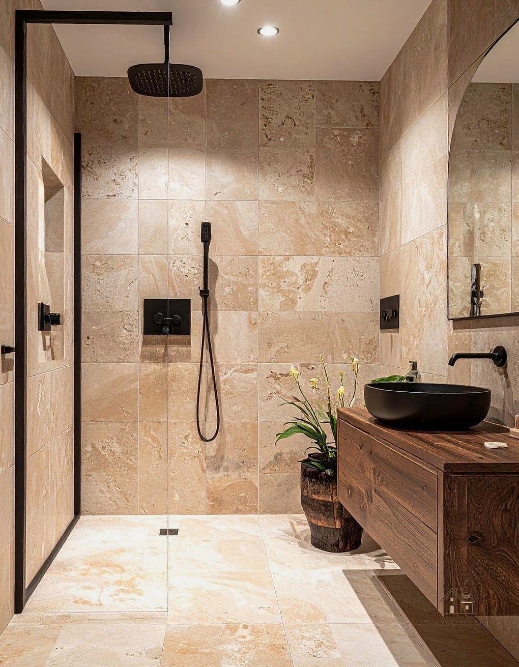30 Clever Rustic Walk In Shower Ideas for Every Style 11 Matte Black Shower Frame with Stone Surround