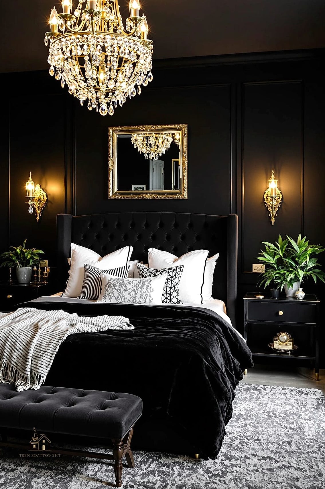 25 Creative Black Bedroom Ideas That Will Inspire You 6 Moody Black Velvet Headboard
