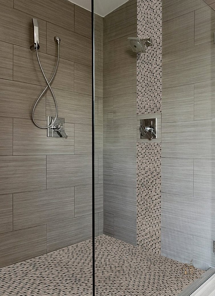 Mosaic Tile Floor with Glass Enclosed Tub Shower