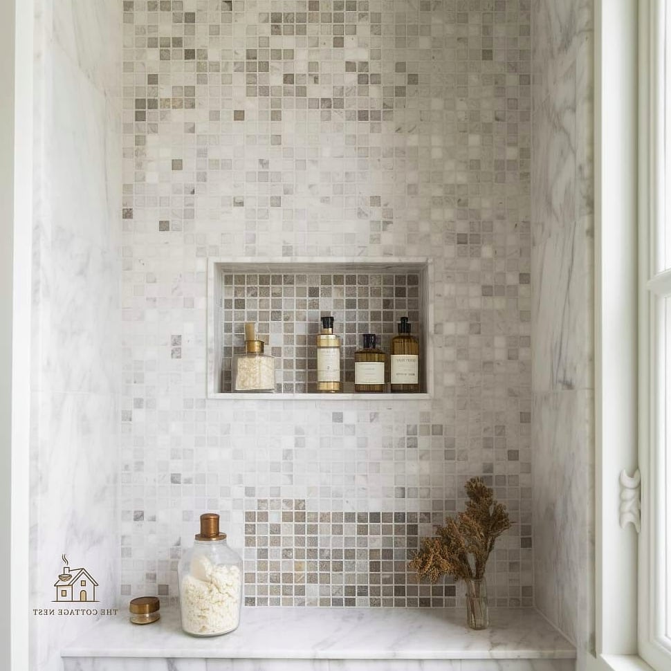 27 Dreamy Shower Niche Ideas to Try This Season 13 Mosaic Tile Accent Niche