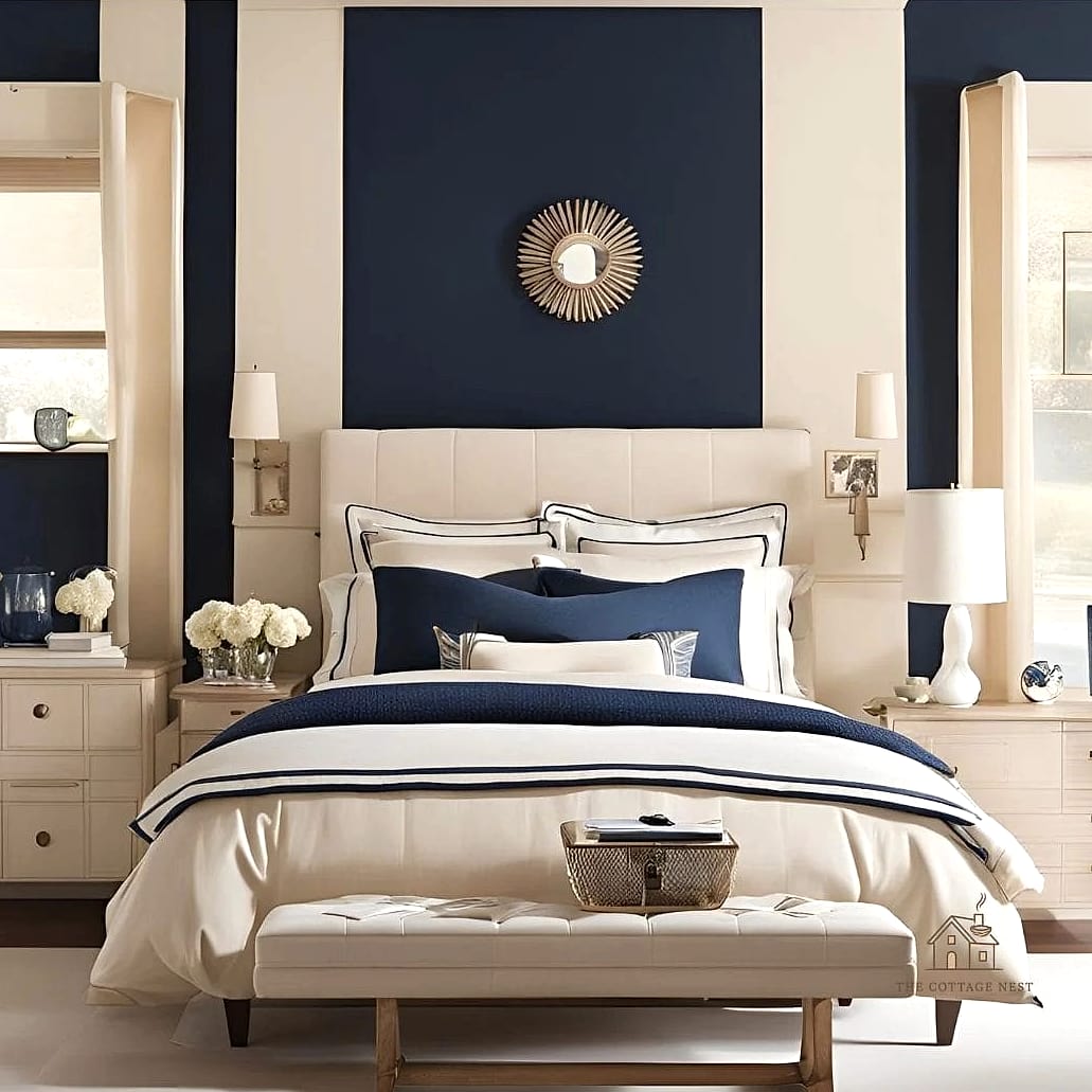 24 Beautiful Blue And Cream Bedroom Ideas to Transform Your Space 2 Navy Accent Wall Behind the Bed