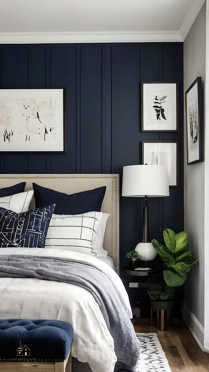 Navy Accent Wall Behind the Bed