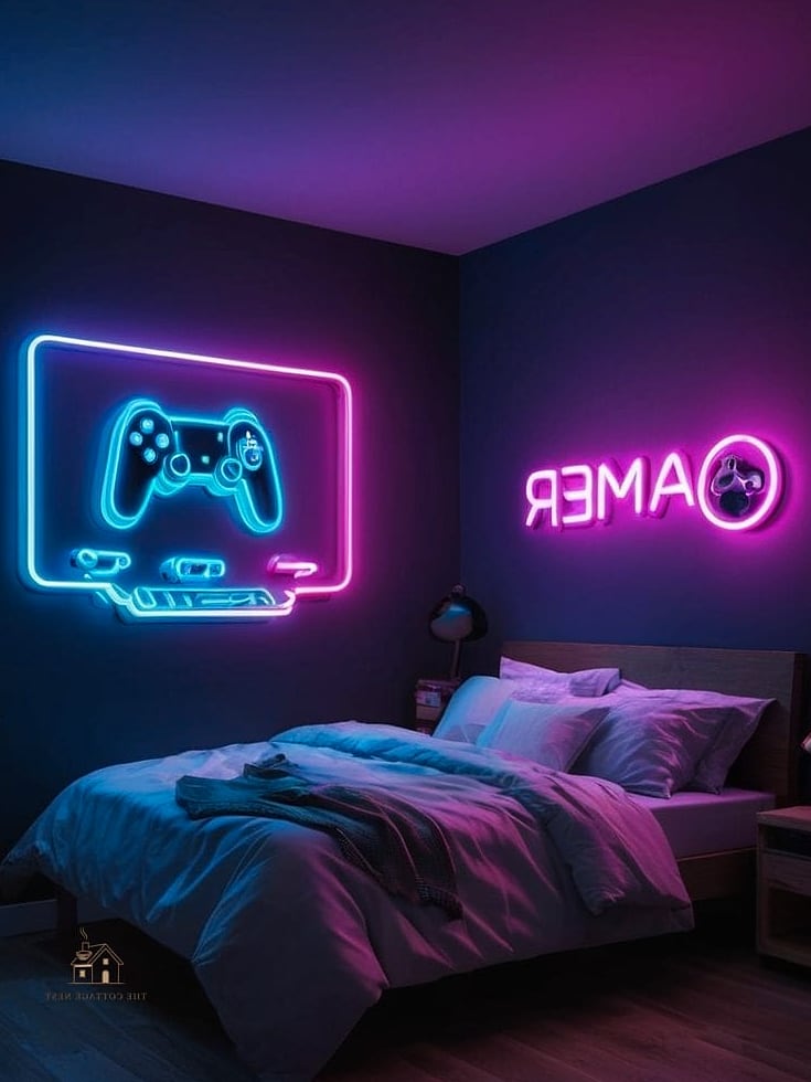 20 Amazing Gaming Bedroom Ideas on a Budget 15 Neon Sign or LED Word Art