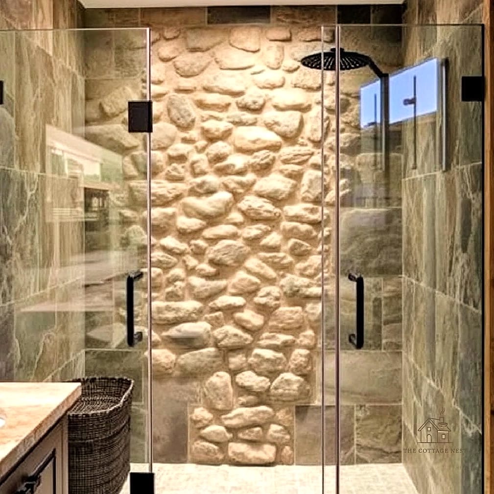 Neutral Stone Shower with Underlit Tub Platform