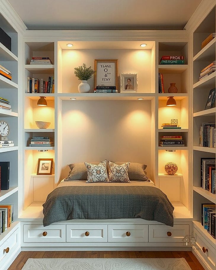30 Amazing Shelf Over Bed Ideas on a Budget 19 Nook Shelf Built Into an Alcove