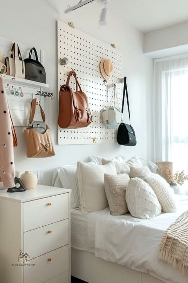 35 Chic Bedroom Storage Ideas for a Beautiful Home 26 A Pegboard Above the Dresser