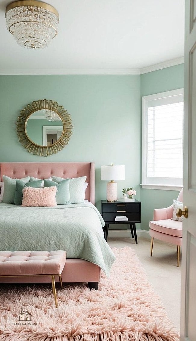 17 Clever Pink Bedroom Ideas for Every Style 6 Pink and Sage Green Color Palette