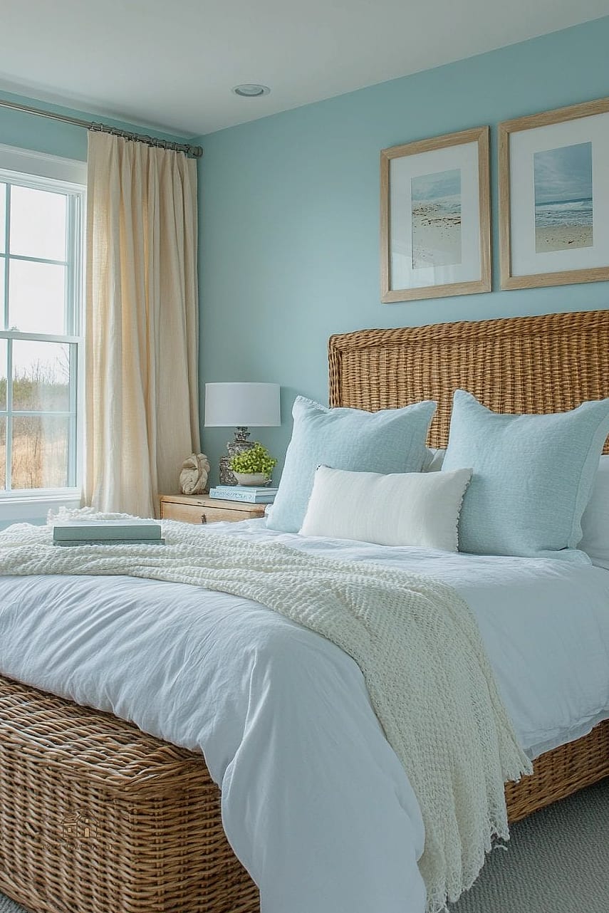 30 Cozy Blue Bedroom Decor Ideas Worth Pinning 9 Rattan and Wicker Accents Against Blue Walls