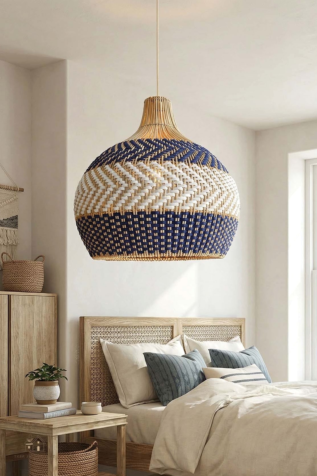 40 Dreamy Bedroom Lighting Ideas to Try This Season 9 Rattan and Woven Shade Fixtures