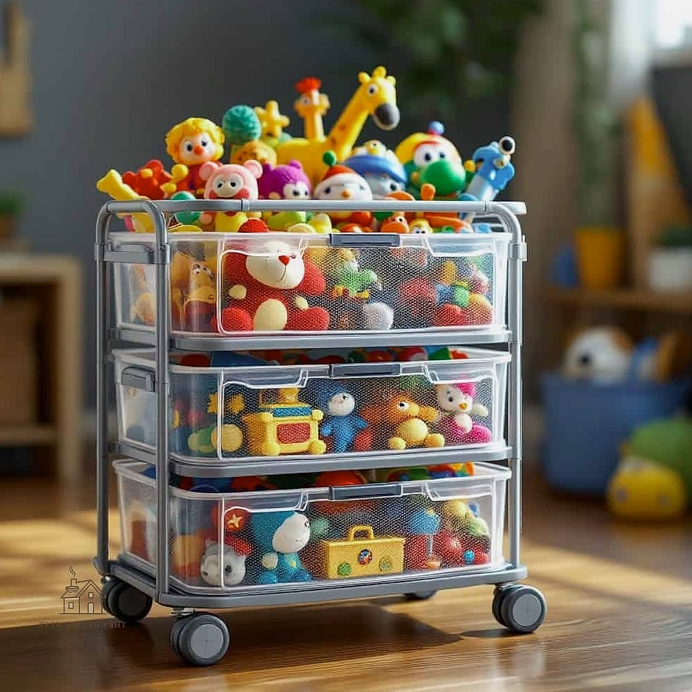 A Rolling Toy Cart Between the Beds