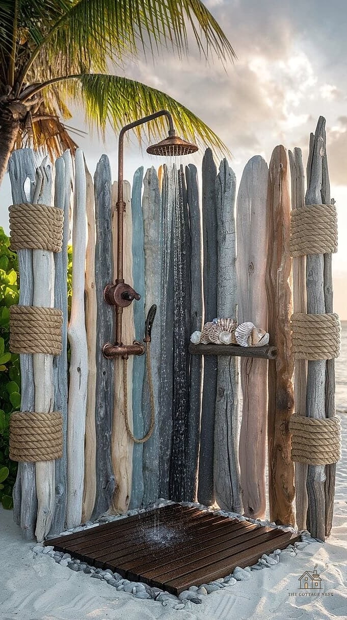25 Stunning Outdoor Shower Ideas You'll Absolutely Love 16 Rope and Driftwood Coastal Style