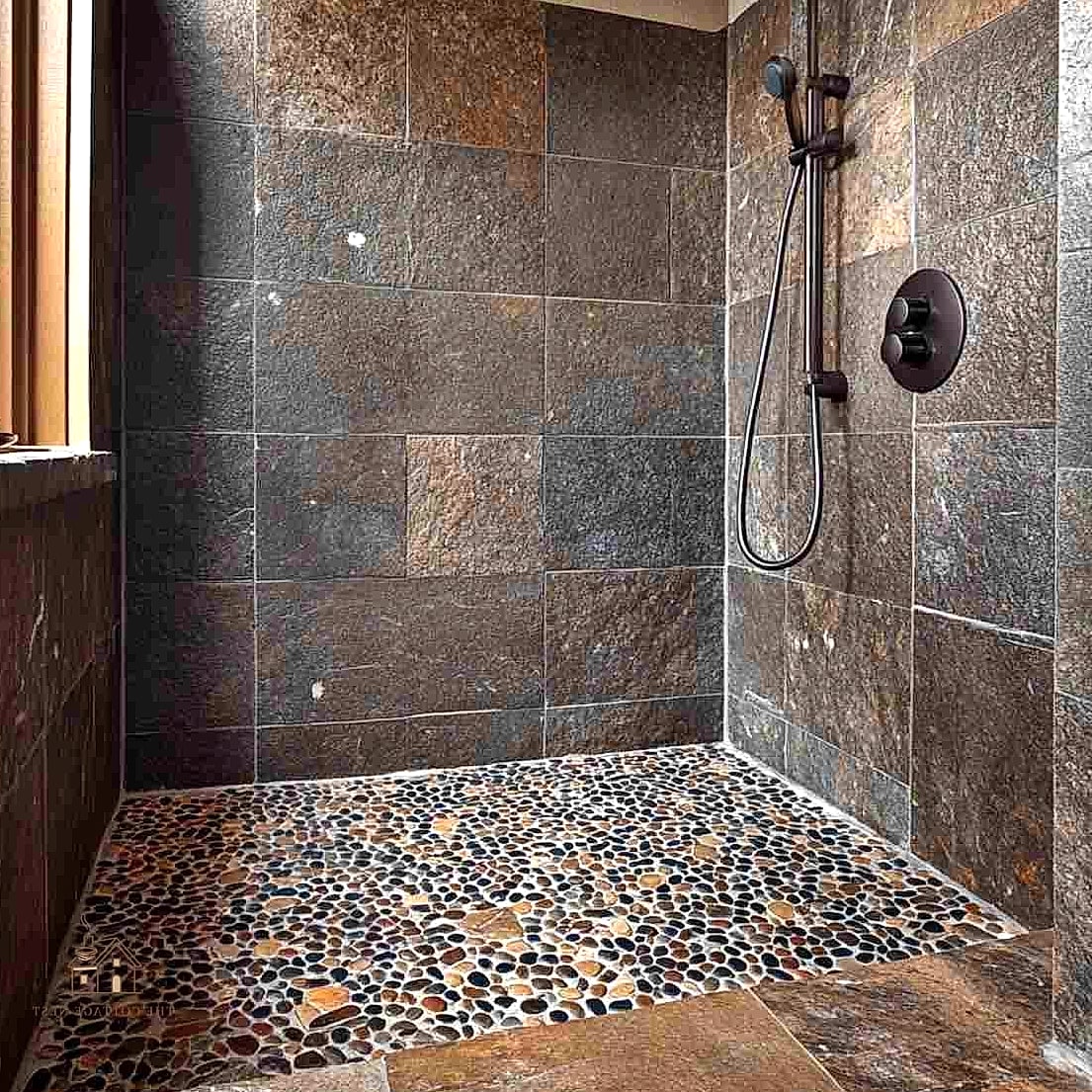 30 Clever Rustic Walk In Shower Ideas for Every Style 12 Rustic Pebble Tile Shower Floor Only