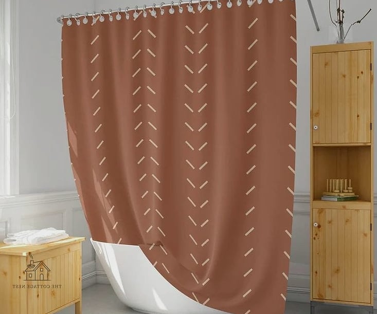 23 Stunning Boho Shower Curtain You'll Absolutely Love 2 Rust and Terracotta Mudcloth Print