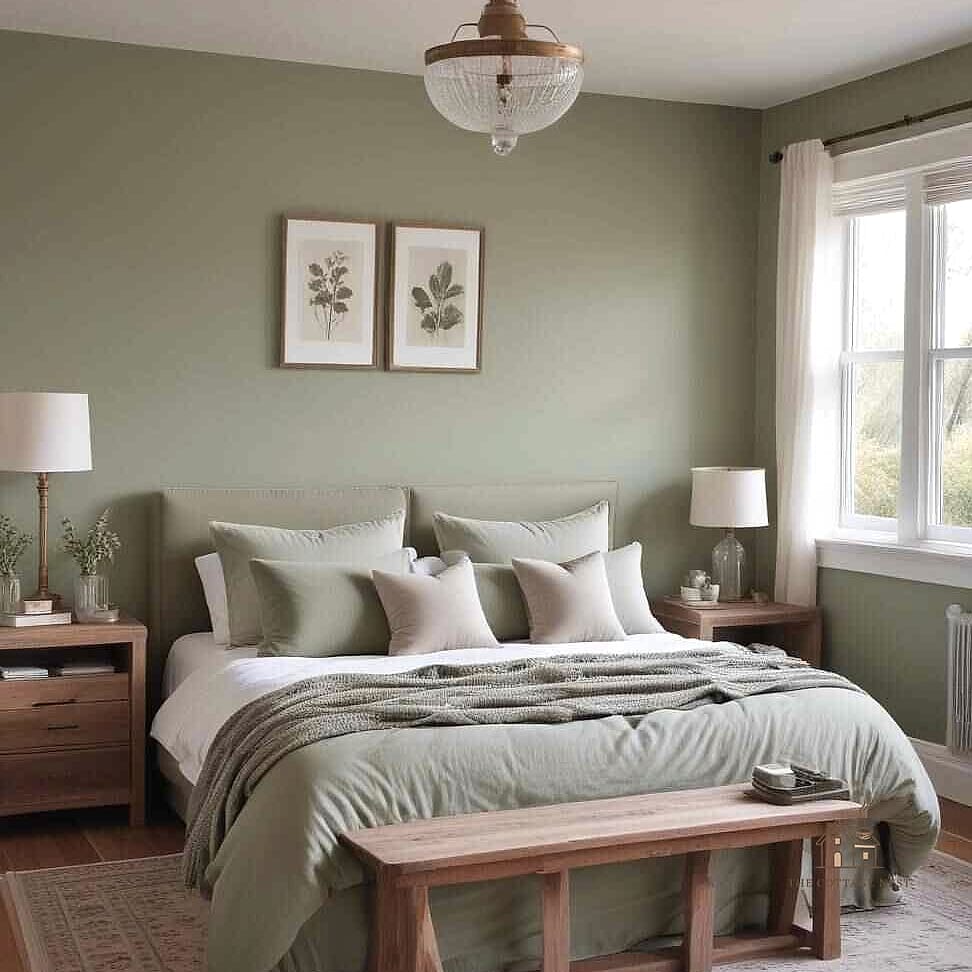 23 Dreamy Green Bedroom Ideas to Try This Season 2 Sage Green Walls With Warm Wood Furniture