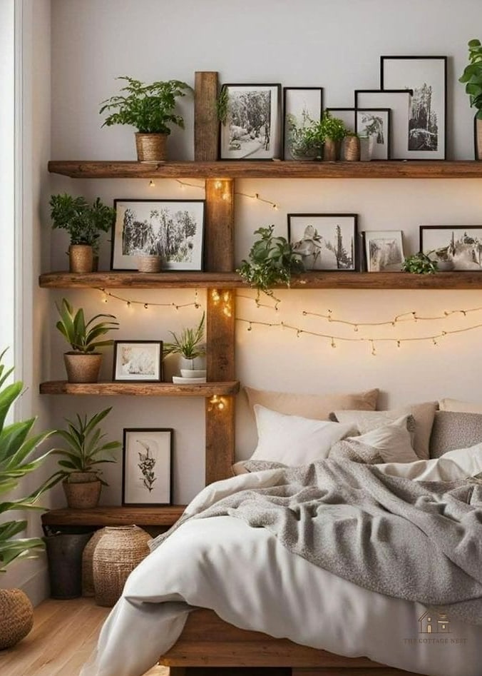 30 Amazing Shelf Over Bed Ideas on a Budget 17 Shelf Styled as a Mini Gallery Wall