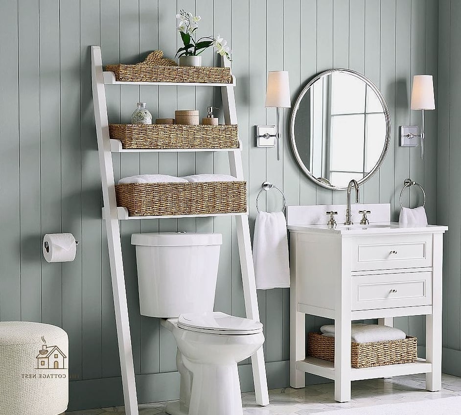 35 Chic Back Of Toilet Decor Ideas for a Beautiful Home 2 Slim Ladder Shelf