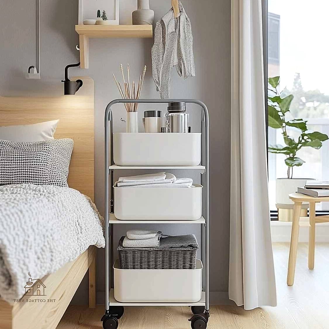 35 Chic Bedroom Storage Ideas for a Beautiful Home 29 A Slim Rolling Cart Between Bed and Wall